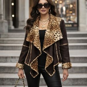 DOLCE CABO Leopard Faux Fur Mob Wife Waterfall Jacket Brown Size S